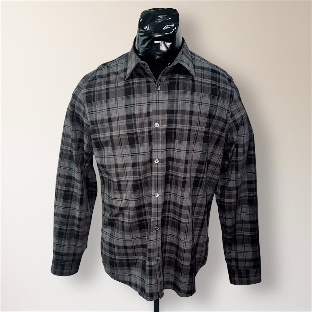 Calvin Klein Mens L Plaid Button Up Shirt Gray Black Long Sleeve Cotton Preppy - Picture 2 of 9
